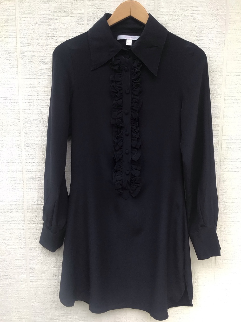 Jenny Han silk black ruffle front long sleeve shirt dress